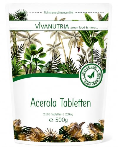 VivaNutria Acerola Tabletten 500g | 2500 Stück I natürliche Vitamin C Tabletten I 100% reine Acerola Kirsche aus kontrolliertem Anbau und laborgeprüft I vegan