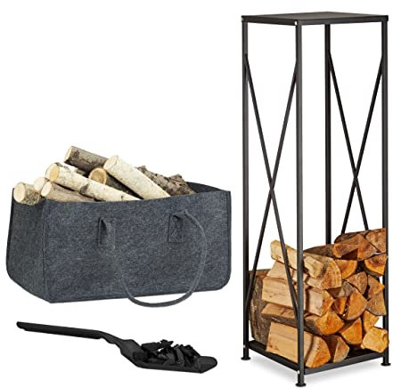 Set 3 Accessori per Caminetto, Scaffale Portalegna o Riviste, Sacco Portalegna in Feltro, Paletta Nera Raccogli Cenere