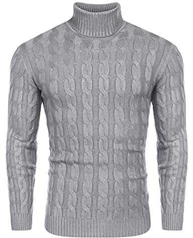 COOFANDY herr polotröja tröja basic stickad tröja flätmönster tröja herr tröja tröja rulle hals långärmad tröja, C Grå, L
