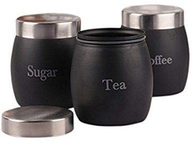 Tea Coffee Sugar Canisters,Storage Set of 3 Barrel Style,Stainless Steel Rust Resistant,Powder Coated Ideal for Kitchen Storage Coffee Granules, Tea Leaves & Bags & Sugar Cubes (Black)