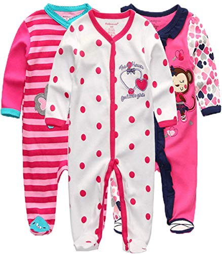 Kiddiezoom Sovsparkdräkt, unisex för baby, pojkar och flickor, pyjamas av bomull, overall/sparkdräkt, 3-pack, 3-6 månader