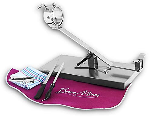 BRICOMIRAS JAMONERO BASCULANTE Giratorio Acero Inoxidable SIN PINCHO, Regalo Pinza Arcos + Cuchillo JAMONERO + CHAIRA + CUBREJAMÓN (Burdeos) + PAÑO, Soporte JAMONERO Ideal Uso DOMÉSTICO Y Profesional