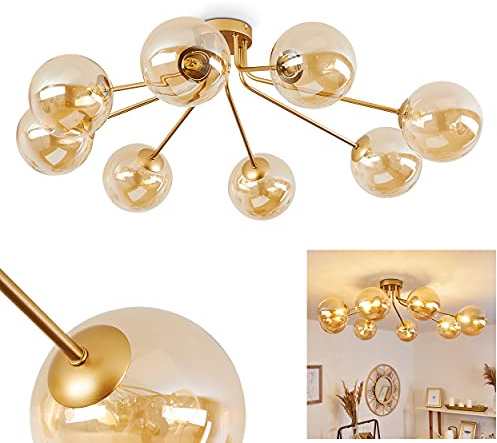 HOFSTEIN Deckenleuchte Alden, 8-flammige Deckenlampe aus Metall/Glas in Messing-/Champagnerfarben, Leuchte im Retro/Vintage-Design (Ø Schirme 15 cm), G9, Esszimmer, Schlafzimmer, Wohnzimmer, Küche