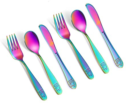 Pimoys 6 Pieces Rainbow Kids Silverware Stainless Steel Child and Toddler Utensils, Children's Safe Flatware Metal Cutlery Set Includes 2 Children Knives, 2 Forks & 2 Spoons
