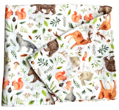 Baby J's - Woodland, Bamboo Muslin Swaddle Blanket - X-Large Blankets for Babies and Toddlers - Made with Bamboo and Soft Breathable Cotton - Super Soft with Double Thickness - 120 x 120cm