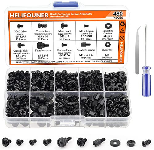 HELIFOUNER 480 Pieces Computer Standoffs Screws Assortment Kit for 2.5 SSD, Hard Drive, Computer Case, Motherboard, Fan Power Graphics with Screwdriver, Black