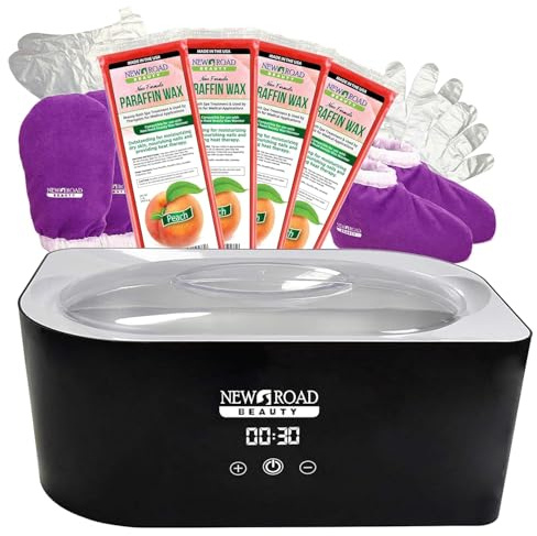 New Road Beauty - Paraffin Wax Machine for Hand and Feet, Paraffin Wax Kit, Quick Heating Touch Screen Paraffin Bath, Purple Terry-Cloth Mitts and Booties, Paraffin Wax for Arthritis, 4-Pack Peach