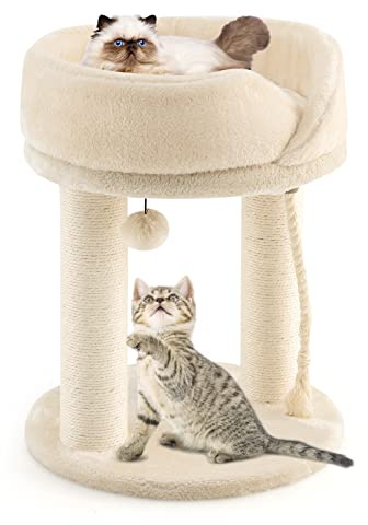 COSTWAY Kratzbaum Klein 4 in 1, Katzenbaum mit weicher Sitzfläche & Basis & Fellknäuel und Sisalseil, Katzenkratzbaum Holz, Katzen Katzenmöbel Kletterbaum, Aktivitätsbaum Spielbaum (Beige)