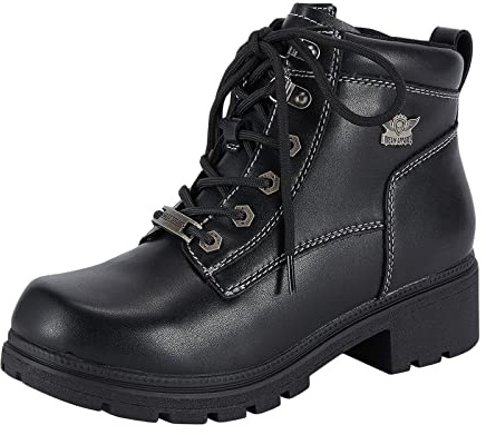 Dream Apparel Womens Lace Up Motorcycle Riding Boots with Side Zipper, Black Faux Leather Ankle Booties Biker Boots, Military Combat Booties for Ladies with Low Heel, 6