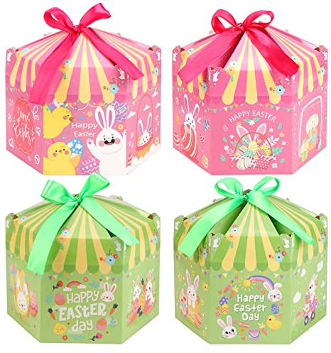 DPKOW 12 Stück Ostern Geschenkboxen mit Schleife, DIY Sechseckige Osterparty Boxen Häschen Küken Geschenkschachtel für Kinderhandwerk, Plätzchen Süßigkeiten Boxen für Ostereiersuche Spielaktivitäten