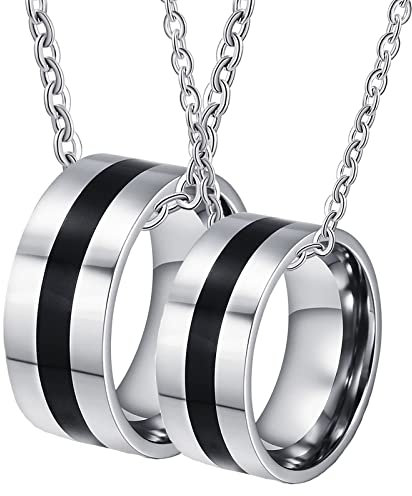 Homxi Ringe Partner Kette,Ring Edelstahl Anhänger Paar Eheringe 9MM Schwarz Silber Ring mit Rund Herren Halskette 60cm Halskette Damen 50cm