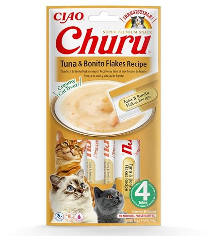 INABA Churu Püree Katzensnacks - Katzenpaste zum Füttern aus der Hand - Katzensticks mit Thunfisch & Bonitoflocken - 4 Sticks x 14 g