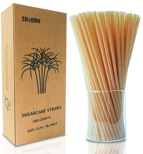 Biodegradable Sugarcane Straws 10.2 Inch Long Compostable Drinking Straws Bulk 200 Pcs A Sturdy Straws Works for Hot/Cold Drinks Not Soggy Alternative to Platic/Paper Ones