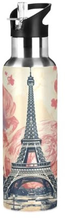 Linnyio Torre De París Con Patrón De Rosa Botella de Agua Deportiva A Prueba de Fugas,Libre de BPA,Termo Aislado Taza de Vacío Jarra de Acero Inoxidable,1000ml/600ml
