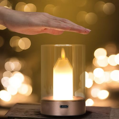 Tischlampe Kabellos Flammlose Kerze Tischleuchte,Akku Tischlampe Aufladbar Dimmbare Nachtlicht mit Bewegungsmelder LED Kerzen,Elektrische Teelichter für Außen Wetterfest Terrasse Balkon Deko (01)