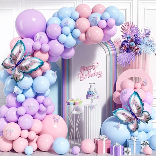 Pastel Balloon Arch Garland Kit, 106 PCS Pastel Pink Blue Purple Latex Balloons with Butterfly Foil Balloons for Girl Birthday Wedding Baby Shower Anniversary Party Decoration