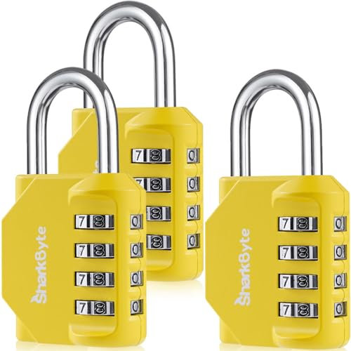 SharkByte Combination Padlock, 4-Dial Heavy Duty Combination Lock, Weatherproof Outdoor Lock Combination Padlock for Gym, School, Locker, Shed, Storage, Garage, Fence, Hasp, Toolbox (3 Pack) Yellow