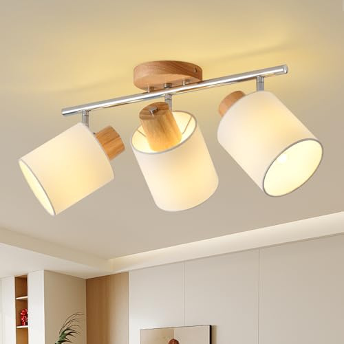 SANSHI focos led interior techo 3 llamas,lampara techo madera orientable 350°, lampara techo E14 MAX.25W spot,candeeiro teto moderno,lámpara de techo para cocina dormitorio pasillo salón,sin bombillas
