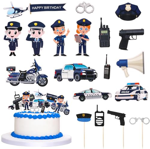 taonganui 27 Stück Polizei Tortendeko Geburtstag Unessbare Dekorationen | Polizei Cupcake Topper aus Pappe, Reichhaltige und Exquisite Muster, für Kekse, Kuchen, Obst, Salate für Jungen Kinder Party