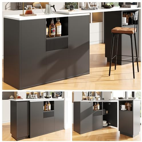 KUAKE Moderner ausziehbarer Bartisch, Ausziehbarer Esstisch mit Stauraum, Stehtisch Bistrotisch, drehbar, für Esszimmer, Wohnzimmer und Esszimmer ﻿ (Schwarz)