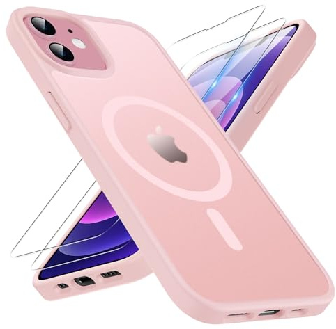 TQIAHF Magnetic Phone Case Cover for iPhone 12 / iPhone 12 Pro,Pink | with 2 Tempered Glass Screen Protector Compatible with MagSafe Military Grade Shockproof Protective Slim Translucent Matte
