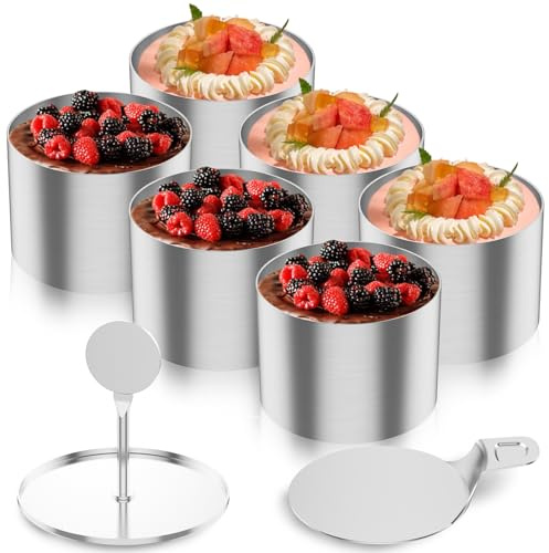 Gatphy 8 Piece Cake Ring Dessert Ring Set 6Pcs Stainless Steel Baking Ring Mould Rings with Pusher and Lifter Non Stick Mousse Ring Cake Ring Mould for Mousse Cake, Biscuit, Chocolate, Baking Cake