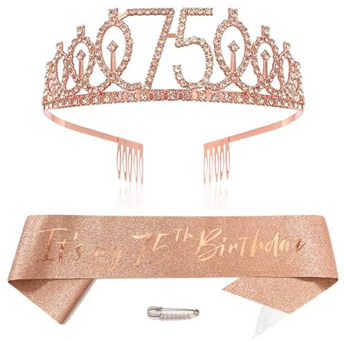 Or Rose 75th Anniversaire Couronne et Écharpe Fille 75e Anniversaire Décoration Strass Anniversaire Tiare Princesse Couronne Queen Tiara Anniversaire Fille 75 Anniversaire Décoration Fête Vêtements