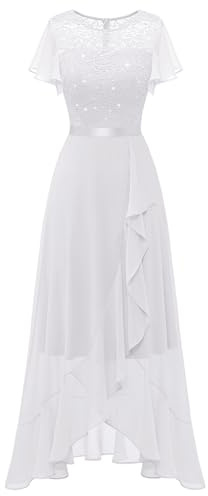 Berylove Robe de Soirée Longue Élégante pour Mariage - Robe de Cocktail avec Fente - Blanc Pailleté, XL