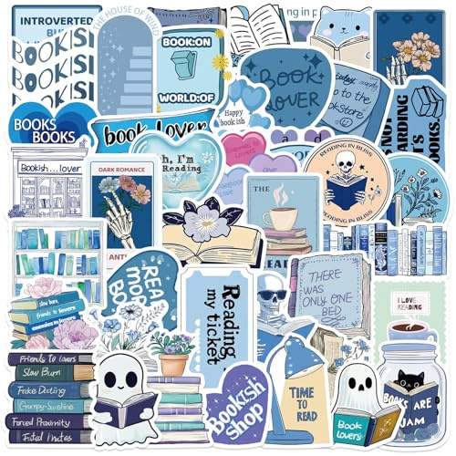 50Pcs Blue Bookish Stickers Pack - Waterproof Vinyl Kindle Stickers for Readers, Reusable Book Lover Accessories (No Repeat Designs) Journal, Laptop, Water Bottle Decal Gift Ideas