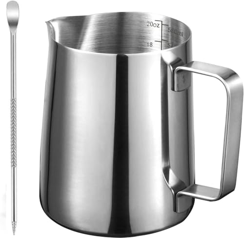 Pichet Inox 600ml, Pichet à Lait 20oz en Acier Inoxydable 304 avec Graduation Intégrée & stylo, Idéal pour Espresso, Cappuccino, Latte Art, Café Maison, Formation Barista (600 ml + Stylo)