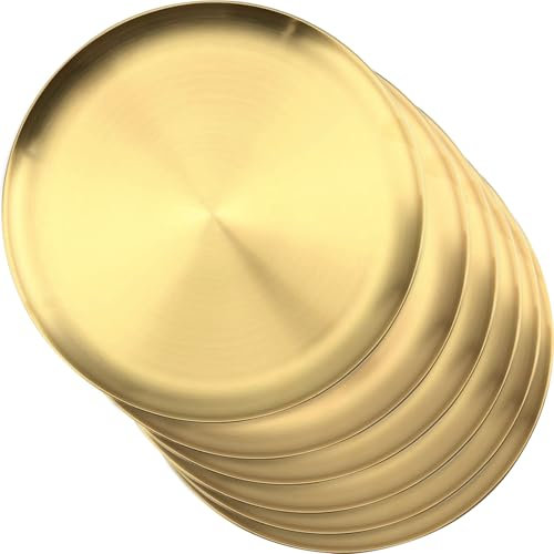 LOSYHU 6 Pcs 26cm Gold Stainless Steel Dinner Plates, Round Metal Plates Dishes Serving Platter Unbreakable Dinner Dishes for Camping Picnics and Outdoor Use