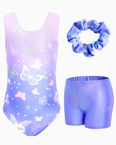 JiAmy Gymnastics Leotards for Girls with Shorts Set, 3Pcs Kids Gymnastics Athletic Outfit, Sleeveless Ballet Dancewear for Kids Purple Butterfly 5-6 Years