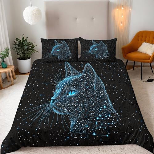 Generisch Leuchtende Katze Bettwäsche 135X200Cm Kinder Junge Mädchen 3D Effekt Bettbezug Jugendliche Bettwäsche-Set Mikrofaser Bettbezug Mit Reißverschluss Und 2 Kissenbezug 80X80Cm