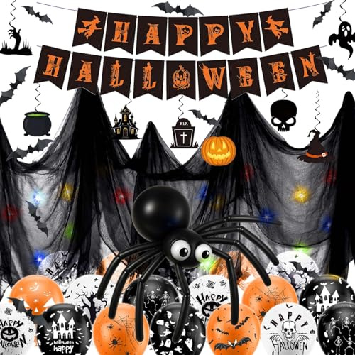 Funnity Halloween Deko Set, Halloween Banner, 5 Meter lange bunte LED-Lichterkette, 1.5 x 2 m Schwarze Gaze,Spiralen Deckendeko, Fledermaus Deko, Gruselige Luftballons, Gruselig Party