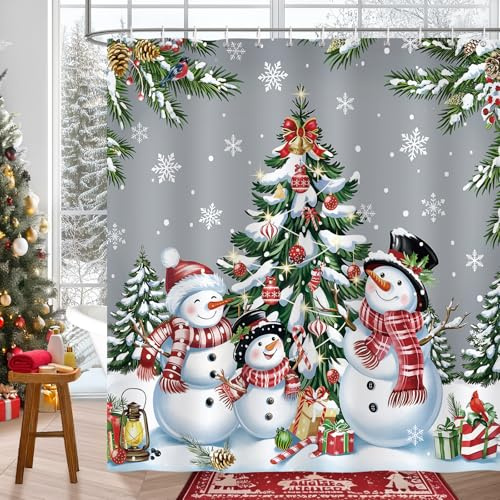 COZZSNUGE Tenda Doccia Pupazzo di Neve Natalizio, Tenda da Bagno Albero di Natale Fiocco di Neve Rami di Pino 180 x 180 cm Poliestere Impermeabile Antimuffa 12 Ganci