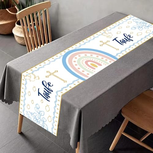 Tischläufer Taufe Deko 180x35 - Tischdeko für Kommunion und Konfirmation mit Eukalyptus Design, Festliche Tischdekoration in Gold für Firmung, Erstkommunion Junge Mädchen, Tischläufer Eukalyptus Deko