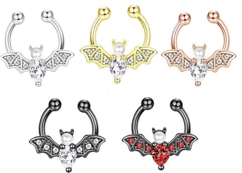 XFSRG 5 Stück Halloween Durchstich Nasenpiercing Edelstahl Nasen Piercing Hoop Set mit Zirkonia Hypoallergen Fledermaus Nase Piercing Schmuck