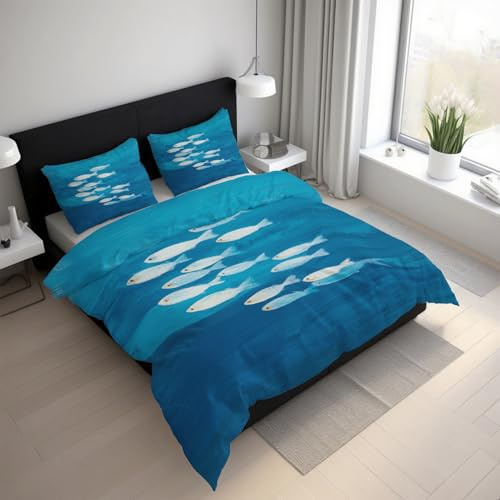 Generisch Bettwäsche Fisch 135x200, Microfaser Bügelfreie ölgemälde Meer Blau Bettbezug und 1 Kissenbezüge 80 x 80, Bettwäsche-Sets 2teilig mit Reißverschluss