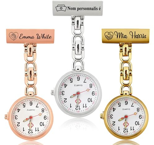 QSZ Personnalisé Montre Infirmiere pour Blouse avec Broche, Nom et Texte Personnalisables Montres Trotteuse Infirmière Personnalisée pour Aides Soignantes (Montre trotteuse)