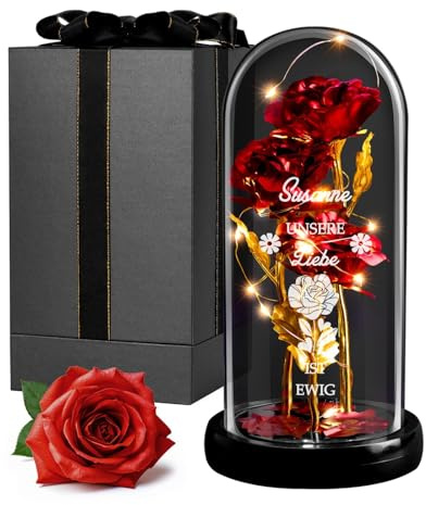 Maverton Rose Eternelle sous Cloche en Verre avec Personnalisation | Fleur Eternelle Cadeau Maman, Rose Rouge Artificielle 21x11 avec Lumière LED, Idee Cadeau Anniversaire Femme Original, Amour
