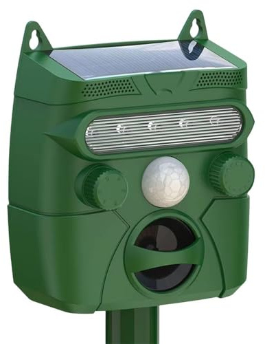 Repellente per animali ad ultrasuoni ad energia solare, attivato dal movimento e flash LED, deterrente per parassiti per esterni, per volpi, gatti, cani, scoiattoli, protezione da giardino