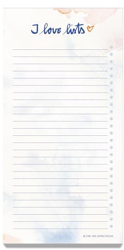 Eine der Guten Abreißblock DIN lang – I love lists, nachhaltiger Listenblock mit 50 Blatt Recyclingpapier, Weiß Blau Orange, To-Do Listen für Alltag, Büro & Studium
