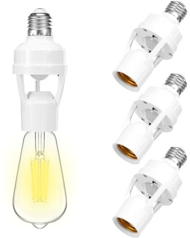 Motion Sensor Light Base E27 Set of 4 - PIR-Motion 360° Sensor Twilight Switch, Automatic Lamp for Hallway Basement Garage, Time Setting & Lux Choice, Energy Saving E27 Screw Adapter