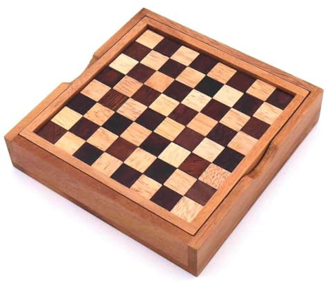 ROMBOL Schachbrett-Puzzle - herausforderndes, variantenreiches Holz-Denkspiel mit praktischem Verschlussband