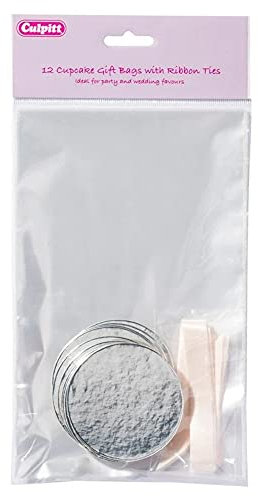 Culpitt Clear Cupcake Gift Bags with Bases and Ribbon Ties, Transparent Cellophane Bags for Cakes, Cupcakes, Cookies, Toys, Sweets, and Chocolates - 12 Bags, 225mm x 145mm