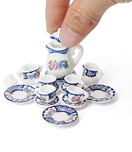 Odoria Miniature 1/12 Service a Thé en Porcelaine Accessoire Maison de Poupée, Plaid Bleu