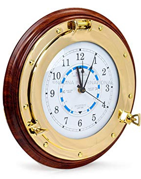 Nagina International Nautical Time Tide Clock With Brass Porthole & Wooden Base - Captain Maritime Beach Home Decor Gift (8 Inches)