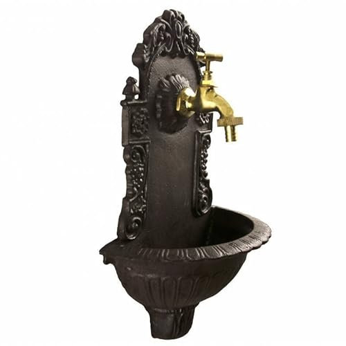 L'Héritier Du Temps Fontaine de Jardin de Charme Murale Source Fonte Patinée Marron avec Robinet Fonctionnel en Laiton 14x25x40cm