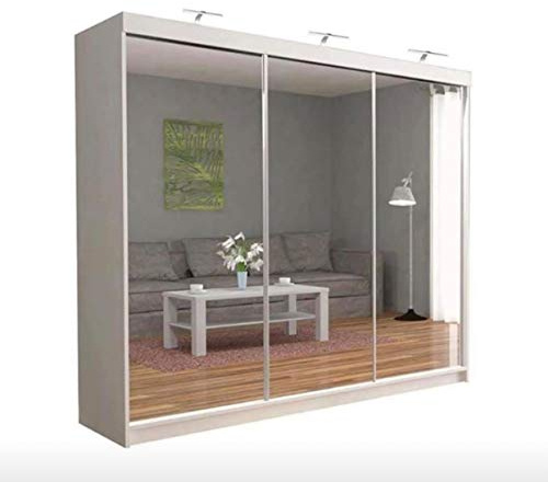A.C. Milan Modern Double Mirror sliding door wardrobe with LED Light (White, 250 cm)