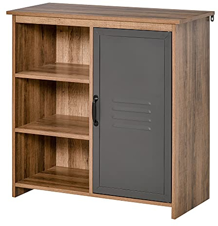 HOMCOM Mobiletto Multiuso con Ripiani e Armadietto in Legno con Anta in Metallo, Mobile per Soggiorno e Cucina, 80x35x82cm, Marrone Grigio